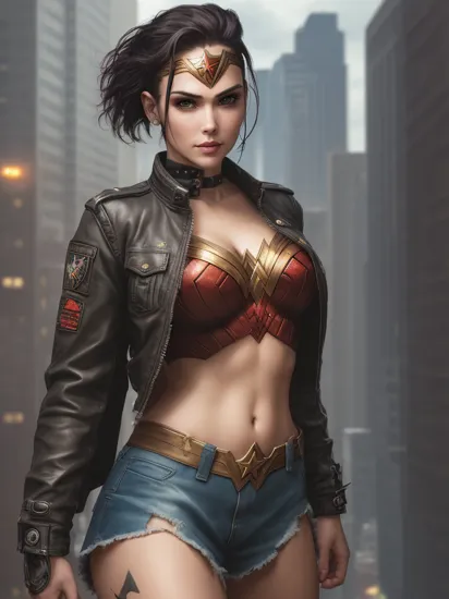 wonder woman, dressed as a punk, shaved side head hairstyle, detailed long hair, wearing short unzipped crop army jacket, crop top, cleavage, smirking, cyberpunk style, professional comic book style, daytime skies,
 