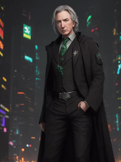 (Snape:0.8) as a cybernetic character, (young Alan Rickman:1.3), 1man, full body visible, large_size_shot, long black robe, green necktie (slytherin cyberpunk outfit:1.2), rivets and zippers, universe harry potter, cyberpunk urban street background, male focus, magical, bioluminescent  , detailed, sharp, HD, HDR, masterpiece, best quality, best resolution, sfw, full outfit, realistic_face, detailed_face, sharp_facial_features, even_face_features