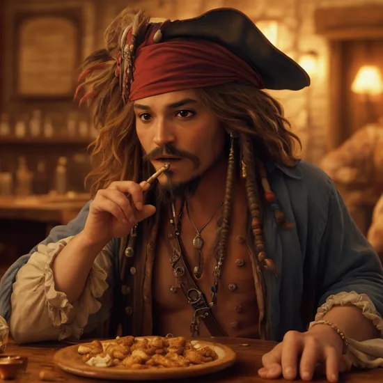(movie still), (film), (2003), (detailed), fuzzy muppet wearing eyeliner that looks like captain jack sparrow having a wild time in a tavern