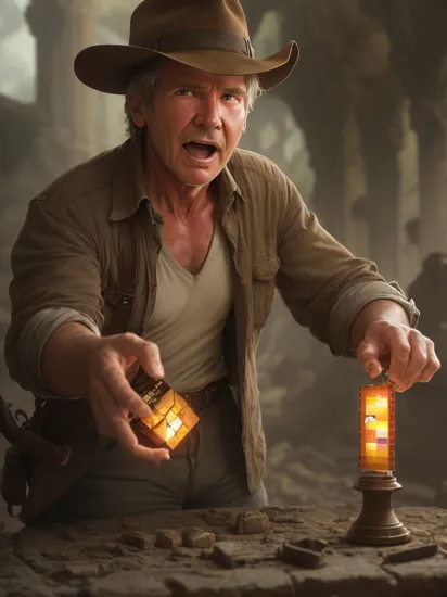 Cinematic Movie Still,  Close up of  Harrison Ford as Indiana Jones,  mouth open,  gasping as he finds a large glowing radioactive Rubik's cube on an altar in abandoned,  ancient ruins,  raw photo,  Nikon,  Shallow depth of field,  vignette,  highly detailed,  high budget,  bokeh,  Cinemascope,  moody,  epic,  gorgeous,  film grain,  grainy