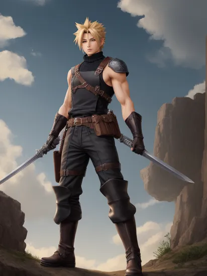 Highly detailed, High Quality, Masterpiece, beautiful, Unlimited Blade Works,  , full body, cloud strife, shoulder armor, sleeveless turtleneck, suspenders, belt, baggy pants, gloves, bracer, boots, 