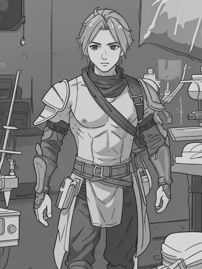 Highly detailed, High Quality, Masterpiece, cloud strife, shoulder armor, topless male,  IncursioGigaSitting, greyscale, monochrome, science fiction, laboratory,      