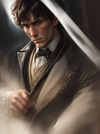 Sherlock Holmes, solo, moody, anticipation, somber, expressive, haze, Caravaggio lighting, in the style of Dean Cornwell, JC Leyendecker, sketch, pulp, volumetric lighting, dramatic lighting, chromatic lens, black, Triadic colors, space, silhouette, double exposurel, pipe, violin standing
