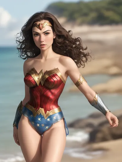 ((swim suit looking like wonder woman costume, slim body shape, heroic pose)), natural skin, small breasts, cameltoe, wide hips, very long hair, beach, people in the background