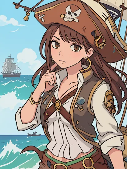 jack sparrow, anime style, masterpiece, best quality, 1girl, brown eyes, hat, brown hair, closed mouth, earrings, green background, hat, pirate, jewelry, looking at viewer, shirt, short hair, simple background, solo, upper body, white shirt, on pirate ship, ocean,,  ,   