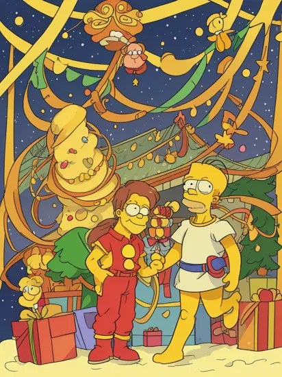 a drawing of Homer Simpson (Homer Simpson character of the Simpsons) wearing a yellow,  christmas, beautiful scenery, yellow uglyxmas, colorful, vivid, beautiful, drawing, 16k resolution, intricate, highly detailed, by Matt Groening, Mistletoe in background, Homer Simpson, zany scene,