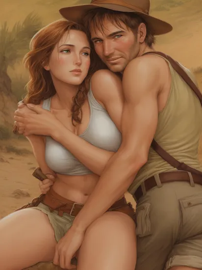Close up of Indiana Jones hugging Lara Croft,  art by Milo Manara,  highly detailed