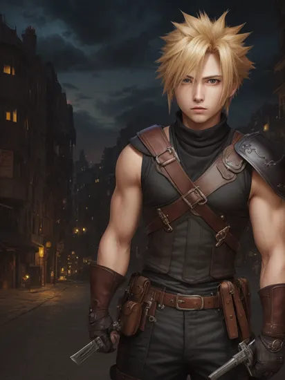 masterpiece, best quality, cloud strife, shoulder armor, sleeveless turtleneck, suspenders, belt, gloves, bracer, upper body, serious expression, looking at viewer, city street, night, clenched fist 