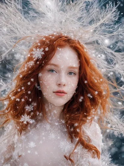 (dynamic pose:1.2),(dynamic camera),(waist-length portrait, a woman with long red hair wearing a hat),(long ginger red curly wind floating hair),posing for fashion,(look to camera),(intricate snowflakes volumetric glowing  abstract background:1.3), in the style of intimacy, dreamscape portraiture,  solarization, shiny kitsch pop art, solarization effect, reflections and mirroring, photobash, (composition centering, conceptual photography), (natural colors, correct white balance, color correction, dehaze,clarity), ,(skin texture)