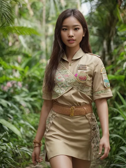 fashion photography portrait of gorgeous girl, wearing (thai_girlscout_uniform:1.2) , walking though lush jungle with flowers and birds, 3d render, cgi, symetrical, octane render, 35mm, bokeh, 9:16, (intricate details:1.12), hdr, (intricate details, hyperdetailed:1.15), (natural skin texture, hyperrealism, soft light, sharp:1.2)

,<lora:epiNoiseoffset_v2:1>,<lora:THgirlscout_v6-000007:1>,