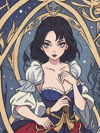 highest quality, masterpiece, Tarot card, Goth version of Disney's Snow White, goth makeup, large breasts, proportional anatomy