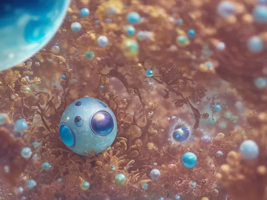 classicnegative, (low angle) macro photography of colorful fractal (fantasy alien plants ), (((cute small spherical robot))) in underwater world, bubbles, 200mm 1.4f, cinematography