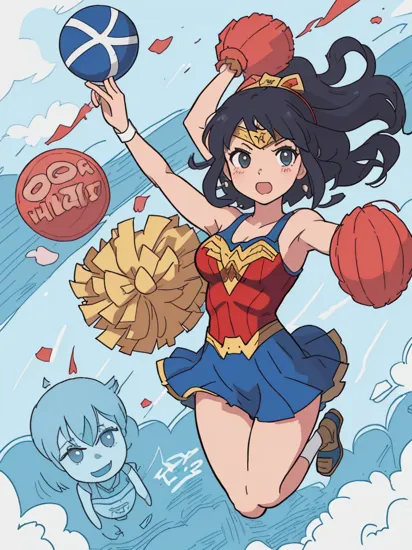 Anime artwork. Wonder Woman as a Cheerleader,  lifting pompoms into the air,  jumping excitedly with friends,  StdGBRedmAF,  Studio Ghibli, 
Negative prompt: Bad art,  ugly,  text,  watermark,  duplicated,  deformed
Steps: 30, Sampler: DPM++ 2M SDE Karras, CFG scale: 7.0, Seed: 1180991176, Size: 832x1216, Model: sd_xl_base_1.0: 3e70778307a7", Version: v1.6.0.75-beta-4-4-gb3d76ba, TaskID: 659090322445545493