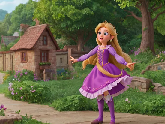 1girl, solo, (rapunzel tangled) as cure twinkle, highest quality, highly detailed, masterpiece, best quality,standing, purple petticoat, purple neck ribbon, thigh boots, earrings, hair ribbon, tiara 