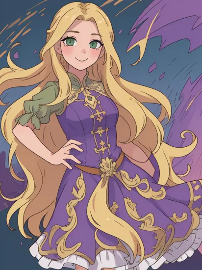 rapunzel, 1girl, solo, long hair, looking at viewer, smile, blonde hair, dress, very long hair, green eyes, hand on hip, purple dress (masterpiece:1.2), (best quality), (ultra detailed), (8k, 4k, intricate),(full-body-shot:1), (highly detailed:1.2),(detailed face:1.2),(detailed background),detailed landscape, (dynamic angle:1.2), (dynamic pose:1.2),