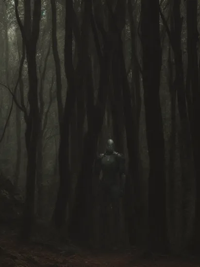 [hulk: cyborg: 0.5] standing in a forest, cinematic moody dark atmospheric chiaroscuro softlight by Malevich, detailed face, ,  