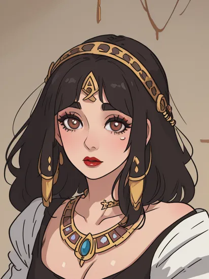 (8k, best quality, masterpiece:1.2), (realistic, photo-realistic:1.37), ultra-detailed, beautiful woman, Elizabeth Taylor, Cleopatra, ancient egypt, black hair, dark makeup, red lips,((detailed pupils)), detailed face and eyes, headdress, gorgeous necklace, palace