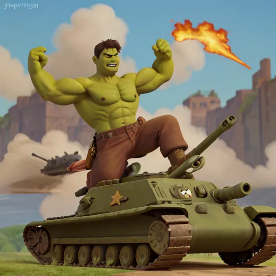 vintage cartoon illustration of classic Hulk smashing army tanks