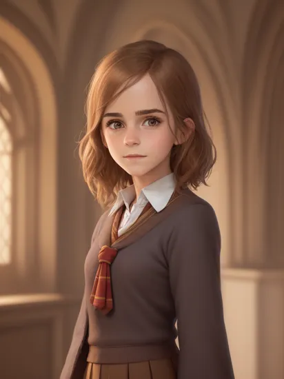 RAW photo of a Emma Watson, slight smile, Hermione Granger from Harry Potter, school uniform, masterpiece, portraite, photo of face, lighting should be warm and inviting, front view, (realistic:1.2), sharp focus, best quality, (fractal:1.2), hyper detailed, depth of field detailed indoor background, soft muffled lighting, soft shadows, dark noir,, 