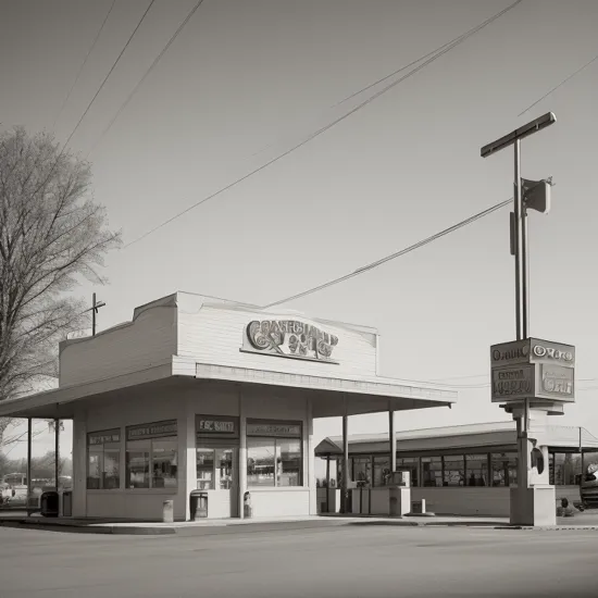 landscape photography of a 1920's gas station  in a small town in the midwest on christmas  AnalogFilm768-BW-vintage