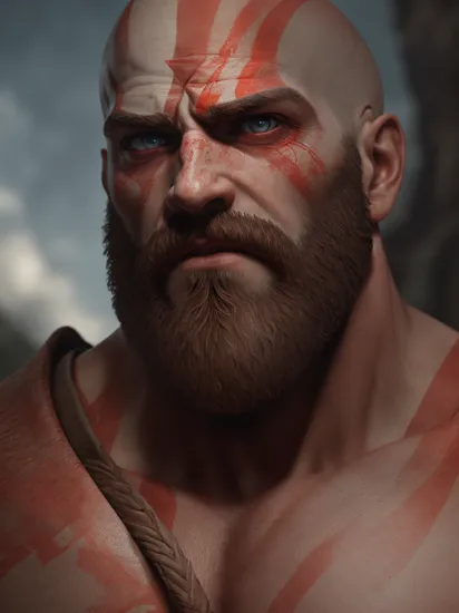 cinematic close up photo of Kratos god of war, 1man, looking at viewer, very angry, rim light, realistic, real photo, real nature skin