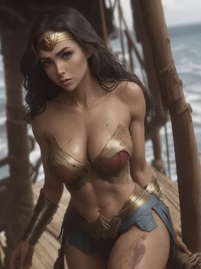 Dramatic lighting, high-quality film stills (charming wonder woman, wearing dirty tattered costume, standing on the deck of a pirate ship moored in a Caribbean port), Wonder Woman, (intricate details, makeup), (delicate and beautiful delicate face, delicate and beautiful delicate eyes, perfectly proportioned face), (shiny skin: 1.0), delicate skin, strong and realistic blue eyes, realistic black hair, lips, makeup, natural skin texture, tiara, jewelry, star \(symbol\), leotard, silver bracelet, red knee-high boots, golden belt, (public clothing: 1.5), bare shoulders, Slightly sunburned, mature, sexy, elastic muscles, (muscles: 1.2), ((strong and healthy body)), ((((more) muscles))), long legs, curves, (big breasts: 1.3), cleavage, thin waist, soft waist, (delicate skin), (beautiful and sexy woman), (swollen lips: 0.9), (eyelashes: 1.2), very delicate muscles, perfect body, perfect anatomy, (full body), dirty, dark atmosphere, toned body, (torn clothes: 0.8), perfect face looking at the audience, [fine skin], [freckles], (dirty), (muddy), (storm cloud: 0.7), (storm weather: 0.5), dim natural light, (Direct light: 0.4), 8mm film grain, shot with Sony a9 II, 24mm lens, f/2.8 aperture, deep focus, (RAW), 8K, (stills from the lost pirate kingdom) (suitable pose)