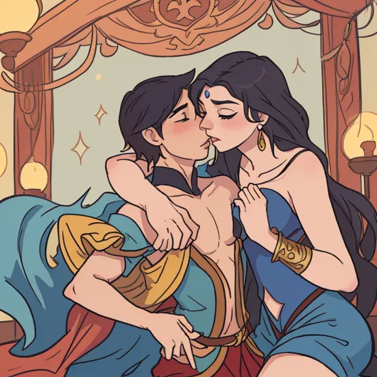 Disney's Jasmine kissing Jafar, 1boy, 1girl, romantic, intimate embrace, passionate kiss, sexy thigh, best quality, wallpaper, masterpiece, high resolution, wet, very expressive pleasure, hand drawn style