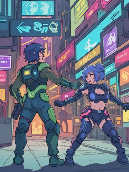 Two people, Cortana and Master Chief dancing together in a colorful cyberpunk city, cityscape, cyberpunk style, glowing neon light, detailed background, masterpiece, best quality, high quality, absurdres, vivid 