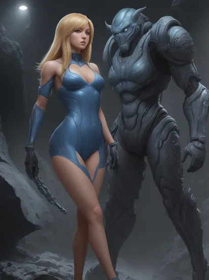 sexy blond Samus Aran from Metroid wearing blue suit with high platforms standing on a floor of a cave near ((grey humanoid monster)) hiding behind a rock and looking at her,
interior of alien cave in Hans Ruedi Giger style,
beautiful face,perfect face,
single girl,nova,[(holding Laser Gun)],
copeseethemald style,glossy,thepit bimbo,
realistic, professional, limited palette,high contrast,amazing detail,dynamic lights,
hyperrealism, masterpiece, best quality, HDR, viewpoint, highest quality, sharp focus, digital art render, 8k