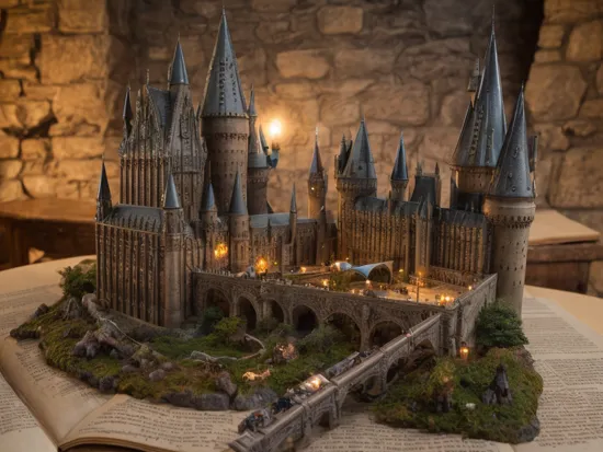 diorama, Harry Potter scene on a book, flying car, magical atmosphere, detailed miniature props, Hogwarts castle in the background, glowing wand, mystical lighting, intricate details on the book cover, realistic textures, by a famous miniaturist artist