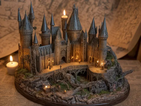 diorama, Harry Potter scene on a book, miniature Hogwarts castle, magical atmosphere, glowing wand, flying broomstick, floating candles, swirling potion, enchanted forest, intricate details, realistic textures, by a renowned miniature artist