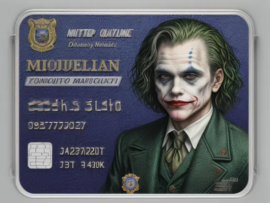 a realistic drivers license card for The Joker, (text reads DRIVERS LICENSE), watermark, county logo, intricate design, extremely detailed, textured, laminated, official badge, smiling