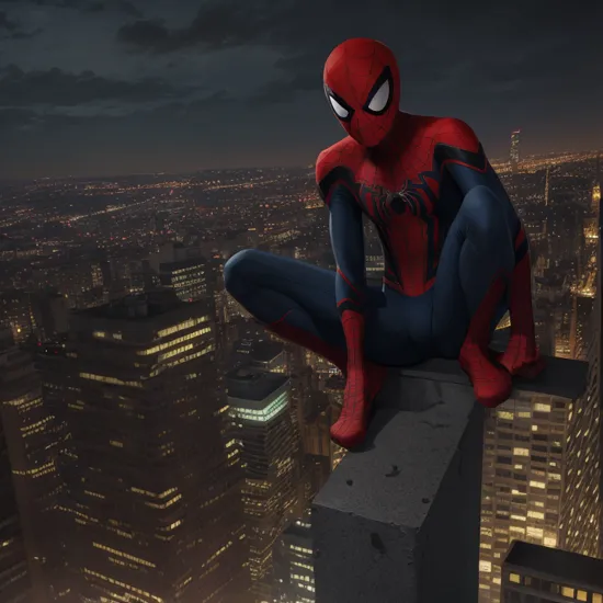 spider man sitting on a ledge in a city at night with a cityscape in the background, Alton Tobey, 4k uhd image, a matte painting, photorealism, portrait, detailed background, detailed face, masterpiece, best quality, ultra-detailed,