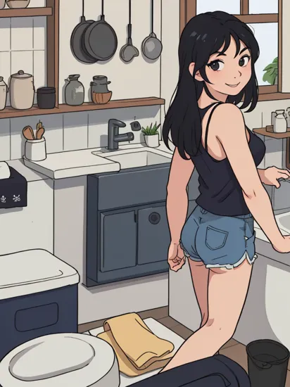Mulan, long black hair, black eyes, tank top, camisole, blue shorts,looking at viewer, serious, smiling, standing, from_behind, inside a cozy kitchen, sink, washing hands, window, natural lighting,  high quality, masterpiece,   