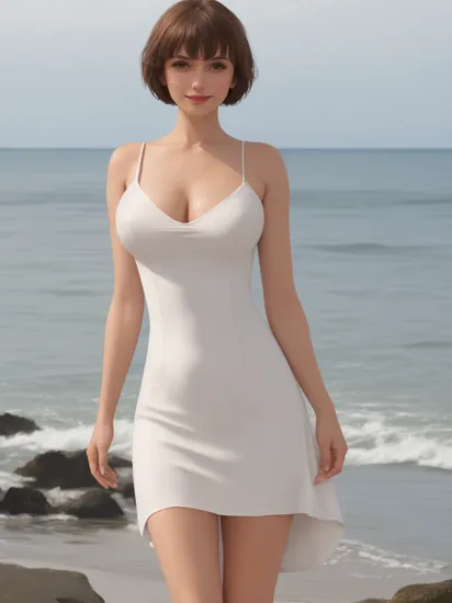 masterpiece, best quality, (photorealistic:1.4), full body shot, by the sea, sunny day, photography landscape, nude, a photo of a beautiful woman, evening, skinny, brunette hair, pixie cut with bangs, detailed face, large breasts, red lips, big eyes, narrow waist, seductive pose, smiling, , tanlines, , pussy, 