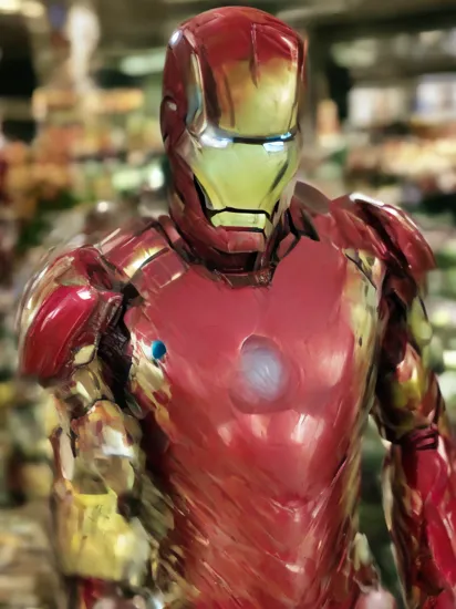 cctvfootage (Iron Man :1.1) at the grocery store.     cctvfootage, RAW candid cinema, 16mm, color graded portra 400 film, remarkable color, ultra realistic, textured skin, remarkable detailed pupils, realistic dull skin noise, visible skin detail, skin fuzz, dry skin, shot with cinematic camera