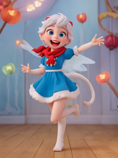 pixar style, a cute and sweet happy white fairy tiger, Wearing a red scarf, singing, blue eyes long eyelashes, Happy sweet smile, open mouth.shiny snow white fluffy, fluffy tail, fairy tale, fireworks shine, bright color, natural light, face focus, 