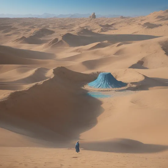 Detailed cinematic scene of a man standing in a blue desert full of sand dyed blue in front of a highly detailed ancient Arabian city that's appearing in a shimmering mirage, blue filter, landscape photography, 8k, HDR, unreal engine