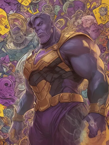 heroic pose outline of Thanos, surrounded by many shapes,  colorful doodle art style  