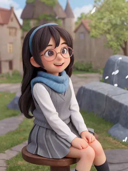 masterpiece, detailed background, 1girl, solo, solo focus, feet out of frame, portrait, ravenclaw, hogsks, black hair, long hair, grey skirt, grey vest, sweater vest, black robe, miniskirt, pleated skirt, (blue scarf), glasses, ahoge, braided bangs, outdoors, scenery, town, fantasy, street, stone path, snow, grass, global illumination, bloom, lens flare, straight-on, (looking up, looking at viewer), smile, :d, black legwear, kneehighs, thigh gap, harry potter \(series\), cute, little sister, sitting,    