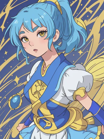 (kanamemadokaoutfit:1), (samus aran) dressed in (puffy blue and yellow magical girl outfit), (ponytail), magical girl, masterpiece, best quality, (perfect face, beautiful face, symmetric face)