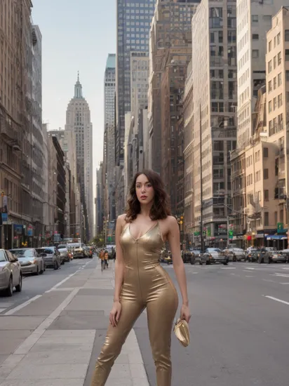 ElaineCarlin, (masterpiece, best quality, extremely detailed, perfect body, perfect face:1.2), modelshoot, pose, street photography, busy Manhattan street corner, serious look, bodycon jumpsuit, high heels, August, heat, sweat, sunset, golden hour, pastel sky, dusk, facing viewer