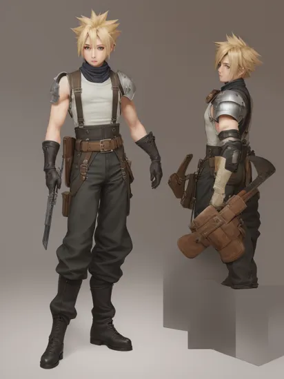 masterpiece:1.2, best quality,  Cloud Strife, shoulder armor, sleeveless turtleneck, suspenders, belt, baggy pants, gloves, bracer, boots, standing, fully body, front view, front view, POV,  TPose, outstretched arms,  ,     
