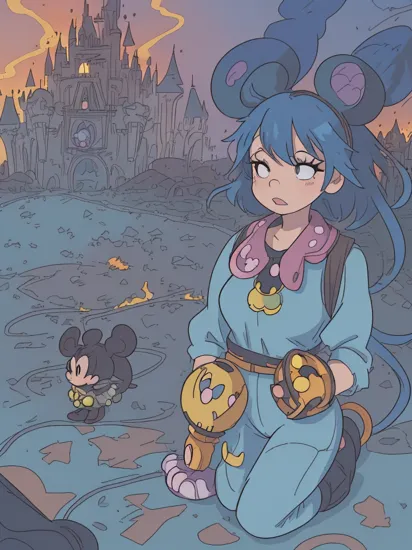 1girl (dynamic angle, highest detailed) woman ((wearing mickey ears)) in apocalyptic wasteland disneyland in daylight, bokeh, light passing through hair ((wearing neon blue vaultsuit)) (messy hair)   in disney with mickey ears  xs-wasteland-style   (((1 disney castle behind with nuke))) (((mickey mouse plushie in floor))) (((disney behind burning)))