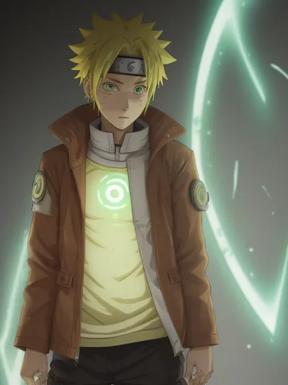<lora:MintSlimeSkin3:1>, mintslimeskin , luminescent translucent body ,
1boy,    <lora:Naruto:0.7> uzumaki naruto,   konohagakure symbol, jacket,