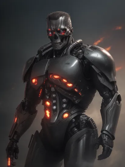 (A terminator cyborg in future city). (RAW photo, real life, absurdres, high quality, detailed, realistic:1.3), (solo:1.3), a high resolution photo of a t-800 with intricate details, with red eyes glow and metal shiny skull face and chrome metal body, eyes are red camera lenses. ((metal reflex fire, big flames, fog, smoke and dark background)), cinematic, atmospheric, 4k, realistic lighting, shot by Hassleblad camera, Zeiss lens, 50mm 1.2 lens, Octane Render, ultra realistic, realistic lighting, photorealistic, photorealism, unreal engine, highly detailed, intricate detail, <lyco:terminator:0.8> ((half body)).