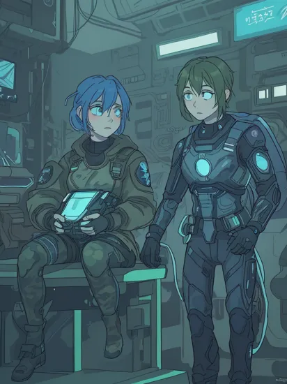 Two people, (bright blue glowing tattoos hologram Cortana) sitting on (olive green military camouflage colored Master Chief:1.1), reimainged in a cyberpunk universe, cyberpunk style, cyberpunk style art, cyberpunk surroundings, glowing multicolored neon lights, raining, lightning, cinematic scene, detailed background, masterpiece, best quality, high quality, highres, absurdres, 16k resolution   