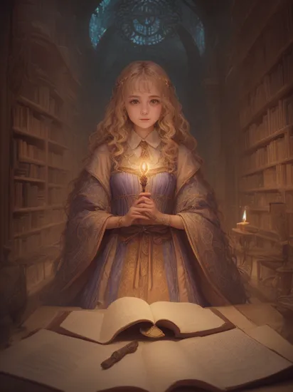 1girls, ,,Simper smile
4K image, a mystical woman, her hair flowing like a river of spells, eyes gleaming with magic. Dressed in a robe woven from ancient runes, she stands in a library where books fly and spells animate objects. The scene, illuminated by the glow of magical energy, captured in the style of a Harry Potter illustration.

(masterpiece, best quality, official art,intricate details:1.2)