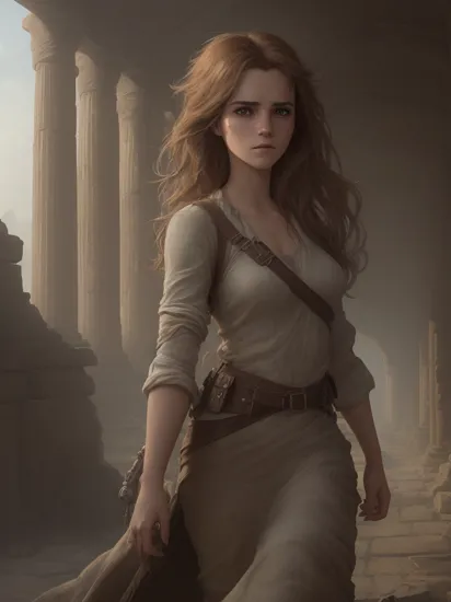 A stunning digital painting of (Emma Watson:1.0) by (Slawomir Maniak and greg rutkowski:1.2), extremely long wavy messy hair  wearing (As female Indiana Jones, in an adventure-ready outfit, set against an ancient temple:1.2) , (Standing against a wall, she crosses one ankle over the other and folds her arms over her chest. Her head is tilted to one side, and her gaze is challenging and captivating.:1.1) ,(hyper detailed illustration,volumetric lighting,8k wallpaper,DSLR-quality,high detailed,epic fantasy character art,unforgettable illustration,Deviant-art,ethereal,masterpiece,epic composition,An inspiring, ultra-high-resolution image,atmospheric lights,incredibly detailed,beautifully crafted digital painting,atmospheric lighting,A mesmerizing, hyper-realistic portrayal,extremely detailed,ambient occlusion,elegant,octane render,Dramatic,subsurface scattering:1.2), , antitech, scifi, pure energy