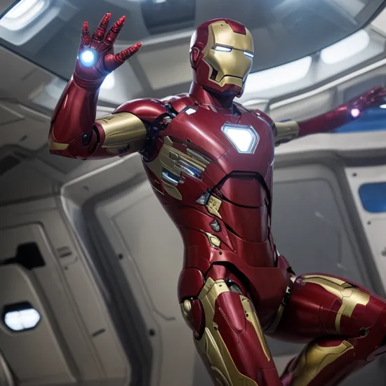 dynamic scene: iron man escapes from spaceship, sharp focus